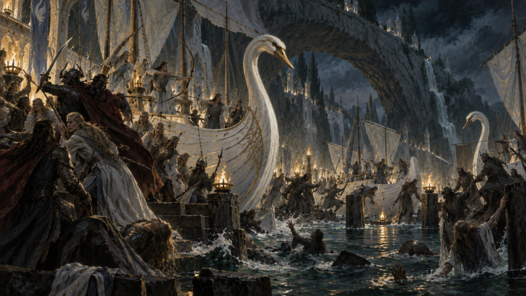 Noldor and Teleri fighting around the swan-ships and lamplit quays during the First Kinslaying at Alqualondë.