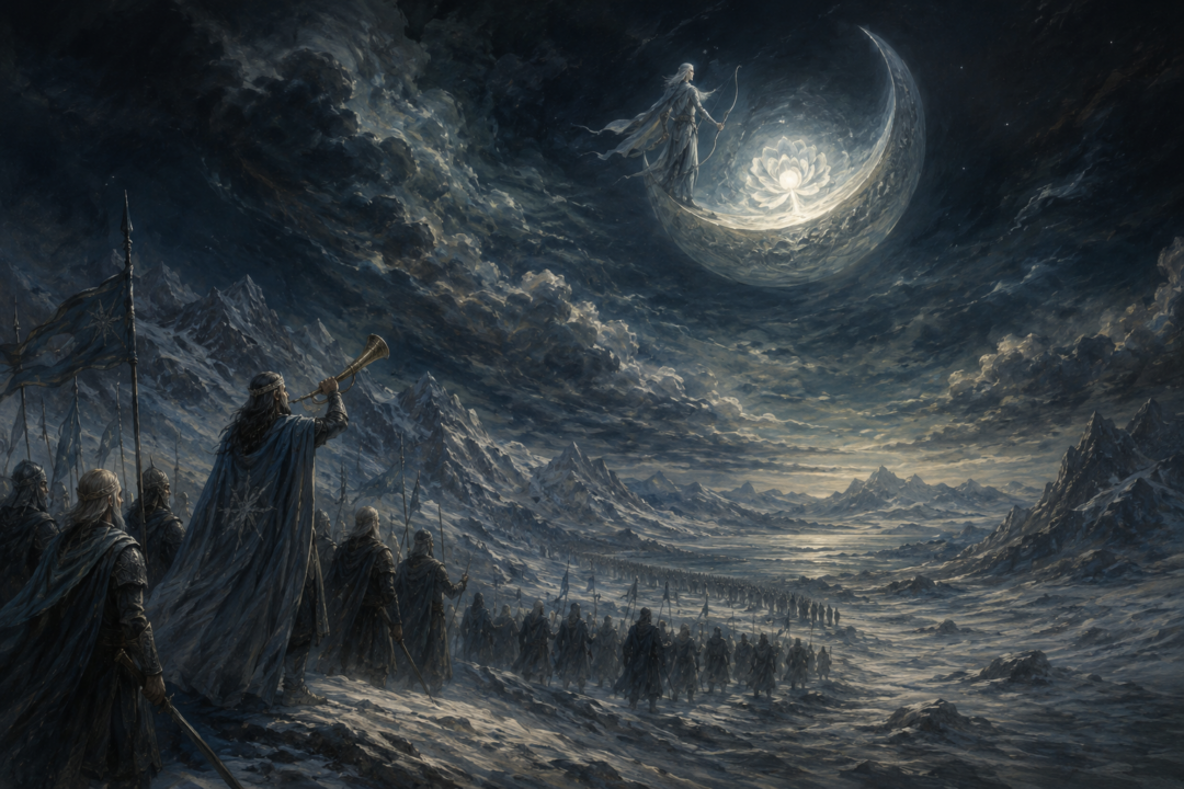 Tilion guides the first Moon above Fingolfin and the Noldor as they enter Middle-earth after crossing the Helcaraxë.