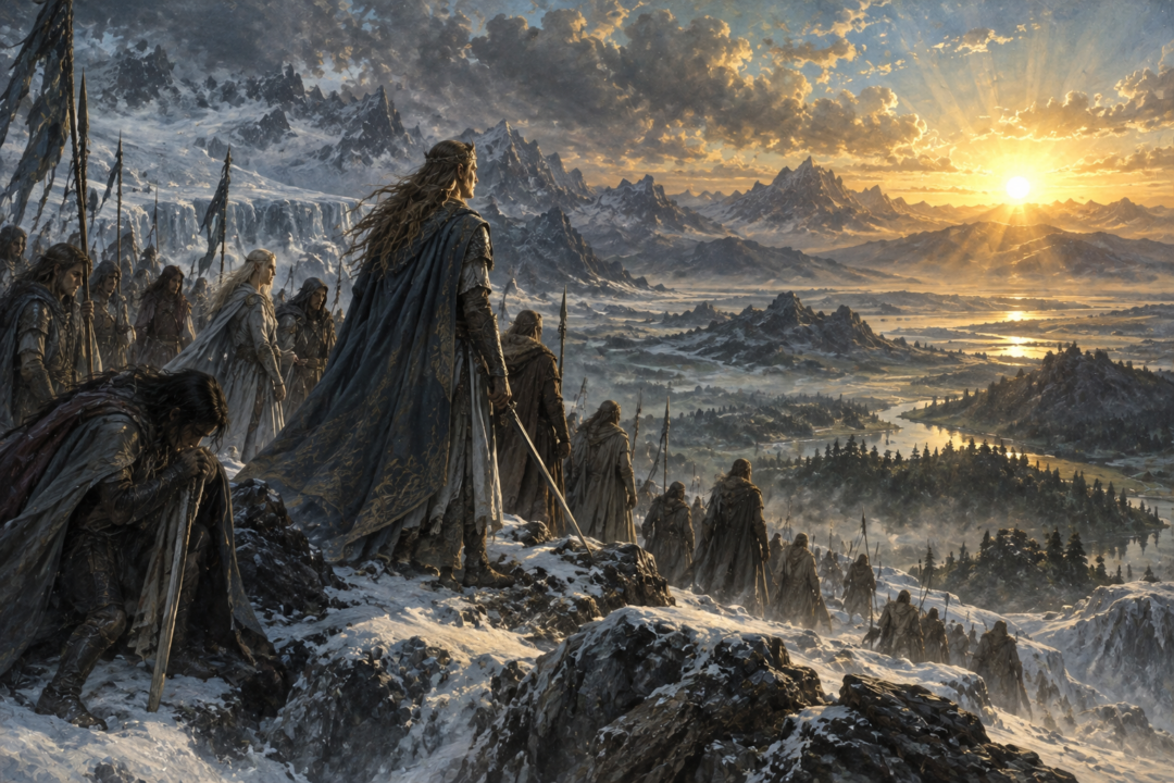 Fingolfin's exhausted Noldorin host entering Middle-earth as the Sun rises for the first time.