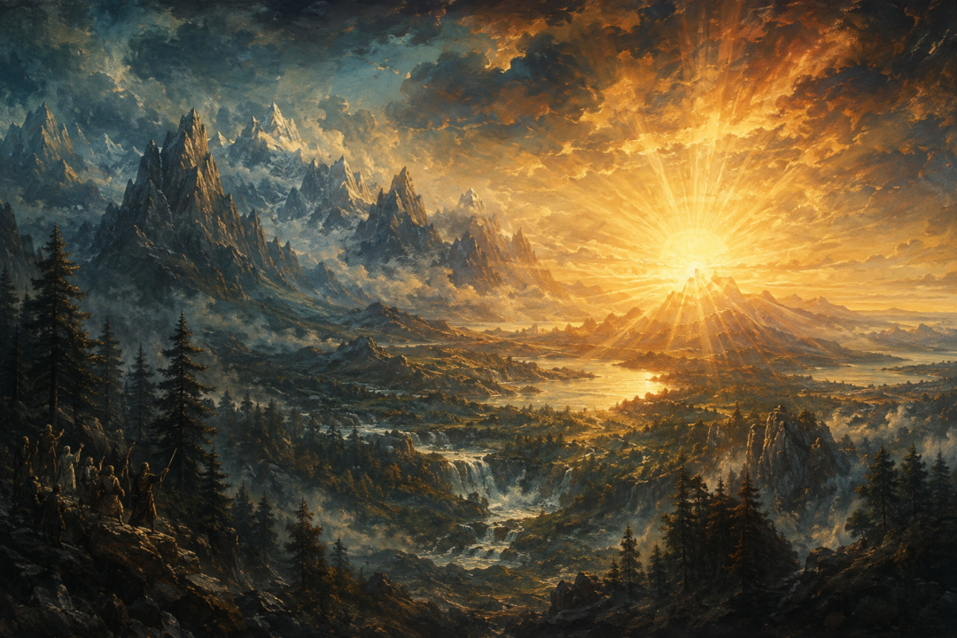 The first golden sunrise illuminating the mountains and forests of Middle-earth after the Years of the Trees