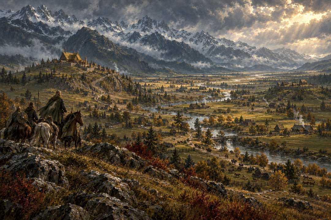 Panoramic view of the Folde showing the living heartland of Rohan between Edoras, Aldburg, and the White Mountains.