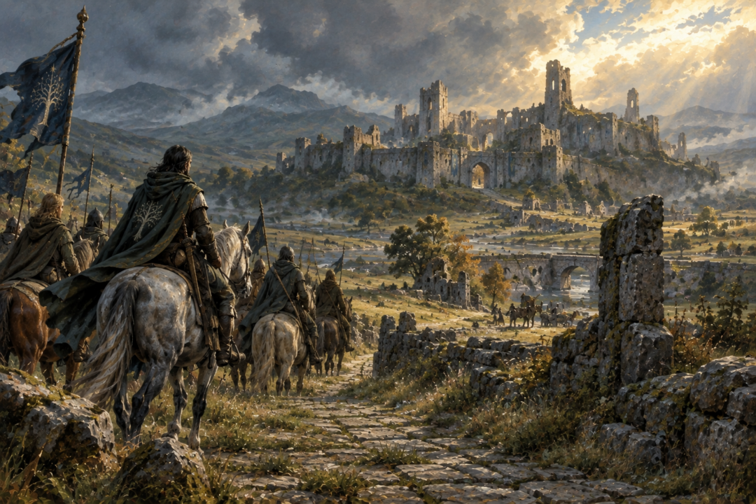 Royal riders approaching the ancient ruins of Fornost Erain after the restoration of the North-kingdom.