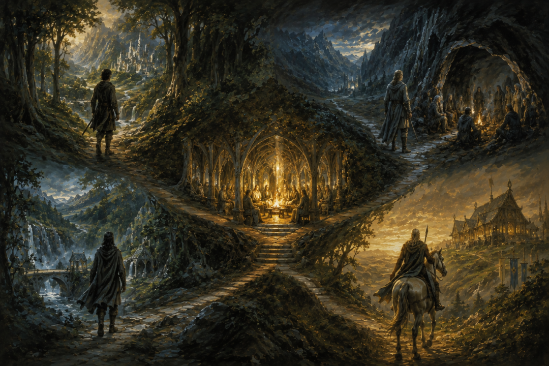 Symbolic Middle-earth landscape connecting Túrin, Tuor, Aragorn and Éomer through the households that helped raise them.