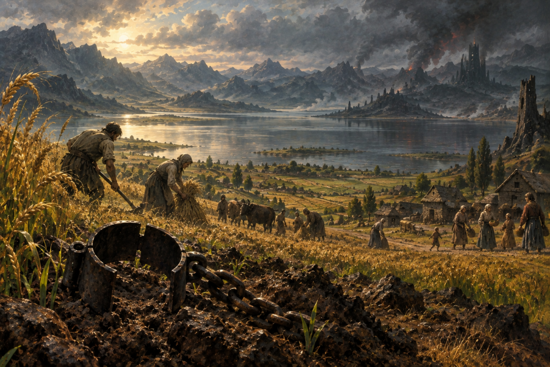 Broken shackles in fertile soil as freed people work their own fields beside the Sea of Núrnen