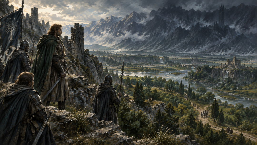 Former slaves of Sauron stand among the fields around Lake Núrnen after being freed and granted the surrounding lands.