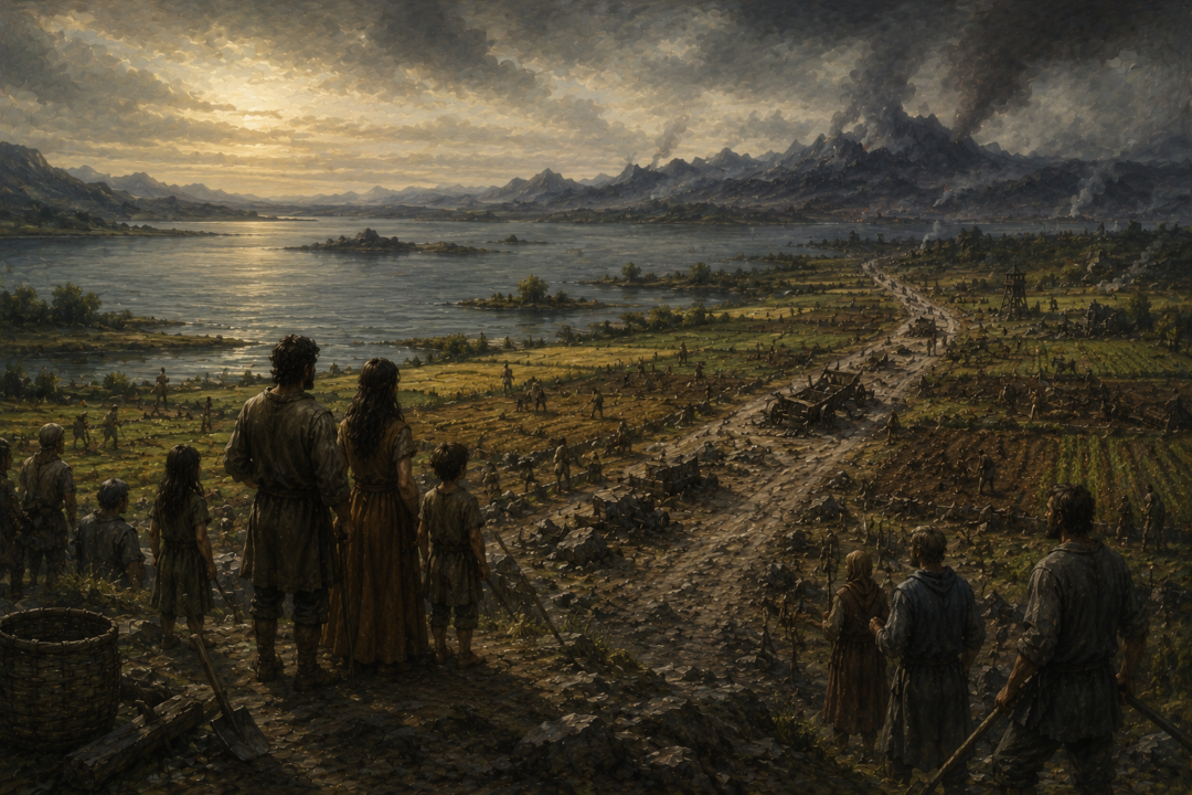 Freed people of Nurn standing among the fields around Lake Núrnen after the fall of Sauron.