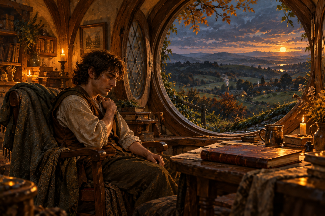 Frodo sitting quietly at Bag End after the War of the Ring as the restored Shire lies peacefully outside.