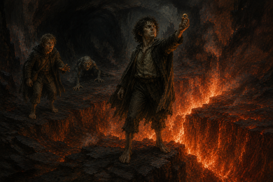 Frodo stands at the Crack of Doom after claiming the One Ring while Sam watches and Gollum approaches from the darkness.