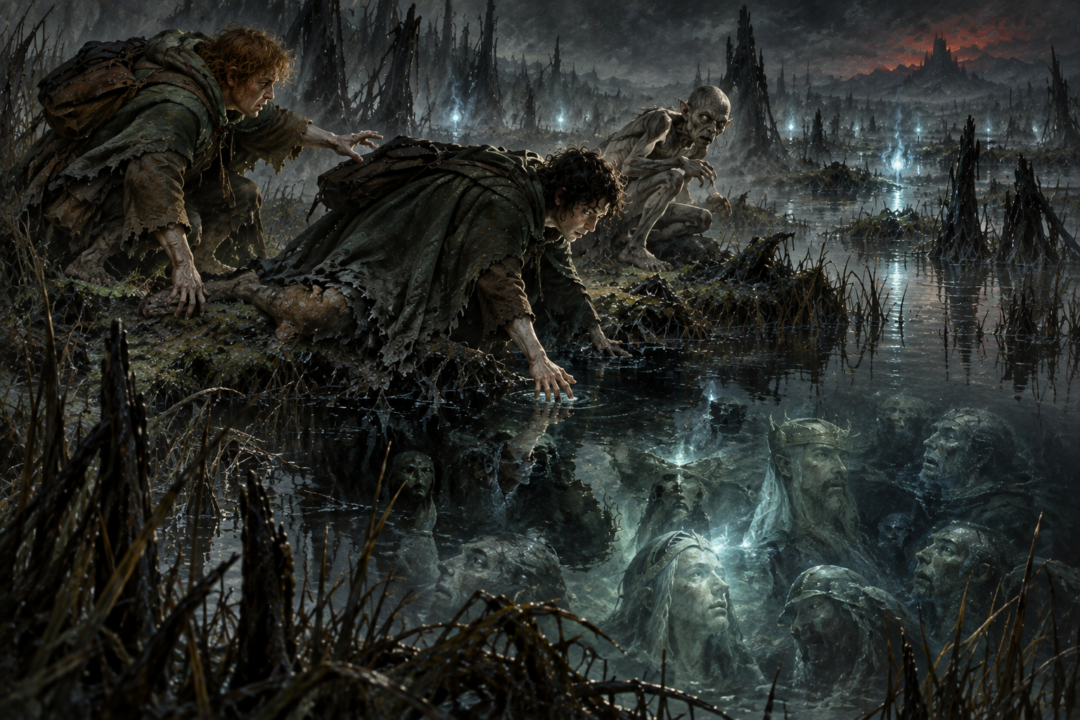 Frodo drawn toward the mysterious corpse-lights and spectral faces beneath the waters of the Dead Marshes