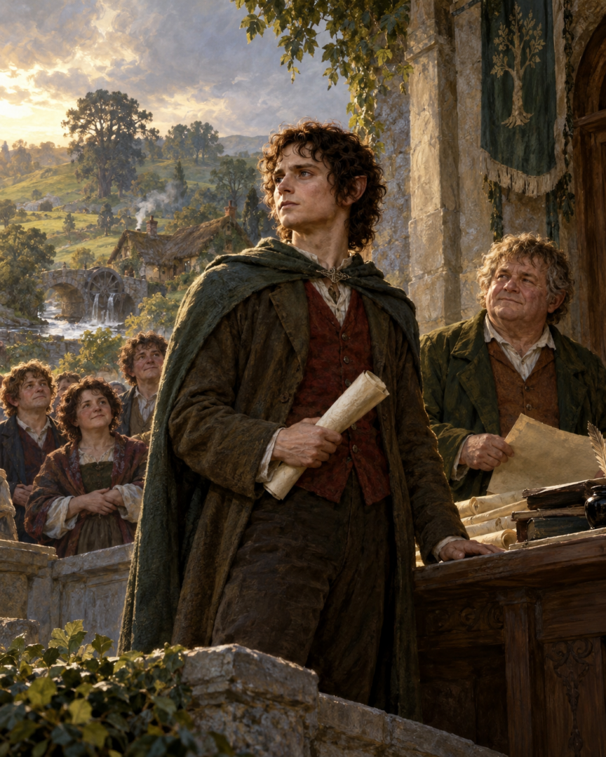 Frodo Baggins serving as Deputy Mayor of Michel Delving while Mayor Will Whitfoot recovers after the Scouring of the Shire.