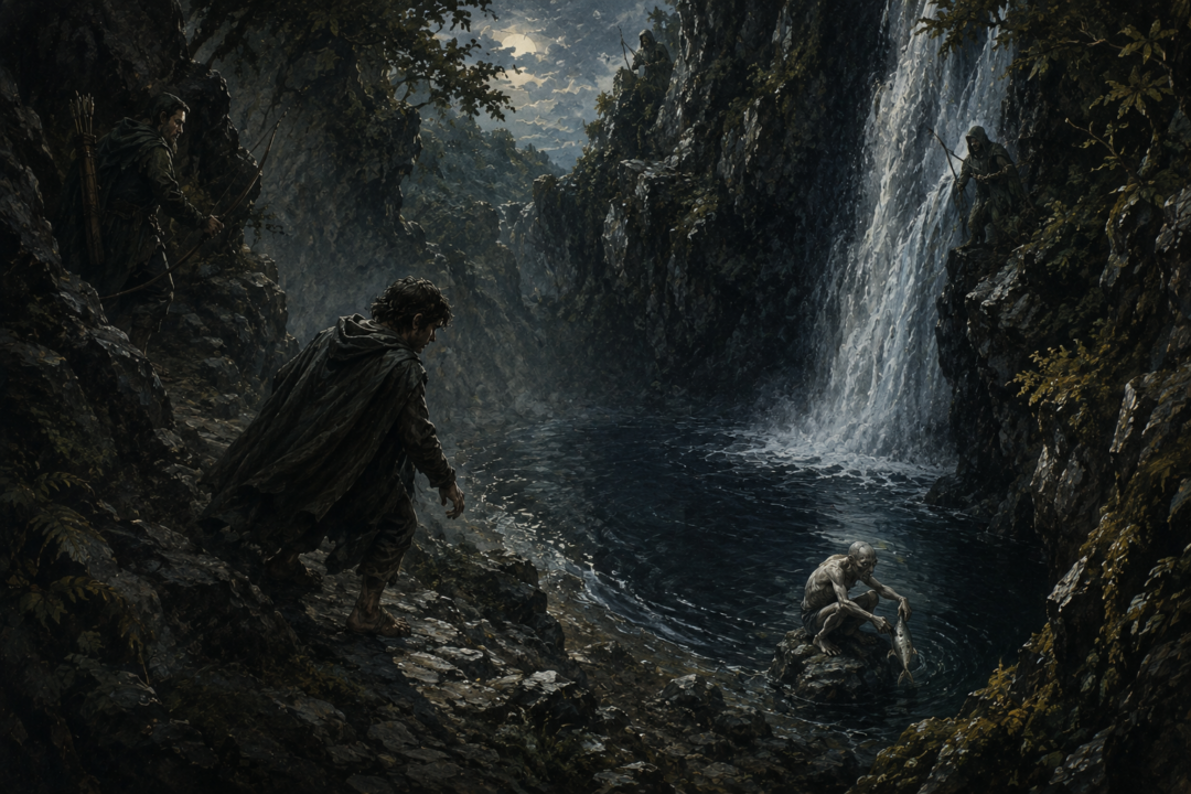 Frodo descends toward the Forbidden Pool to bring Gollum away before the Rangers can kill him.