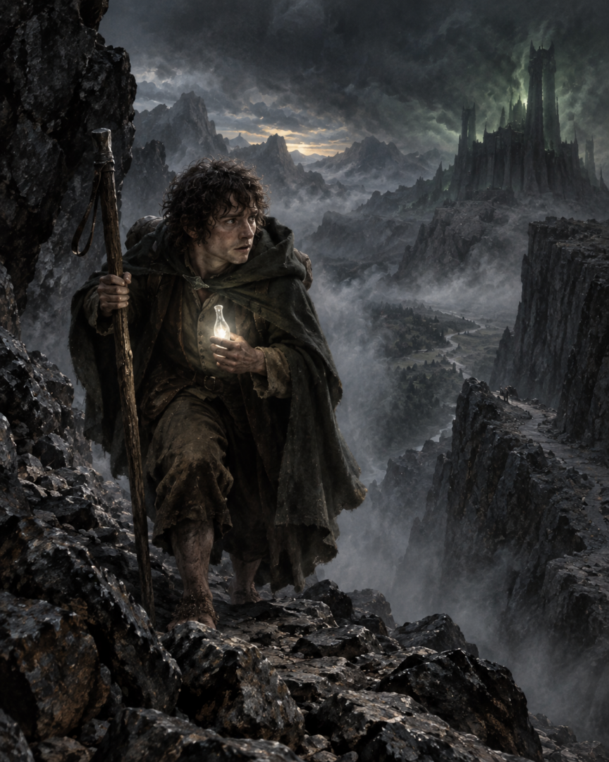 Frodo grips Faramir's walking-staff and the Phial of Galadriel on the road toward Cirith Ungol.