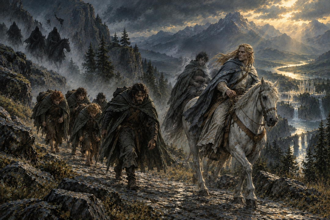 Frodo rides toward the Ford of Bruinen as his exhausted companions hurry through the final stage of the flight to Rivendell.
