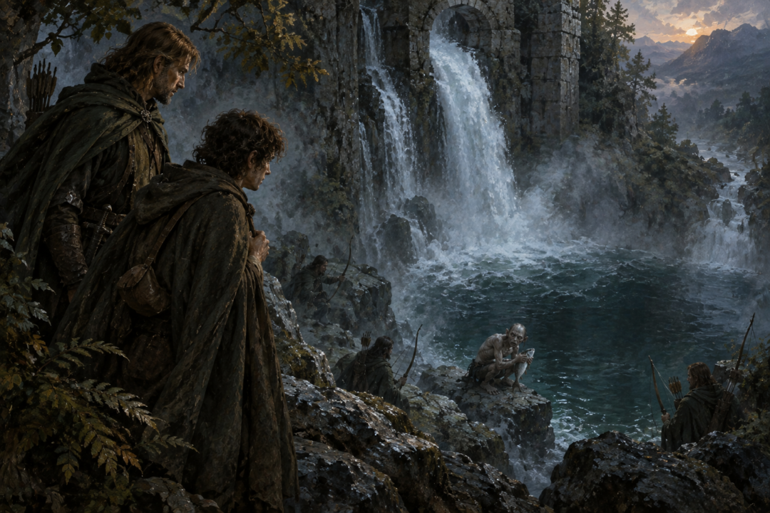 Frodo and Faramir overlook Gollum at the Forbidden Pool beneath the hidden refuge of Henneth Annûn.