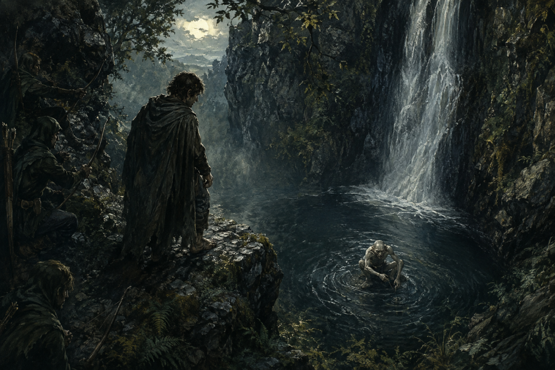 Frodo looks down at Gollum fishing in the Forbidden Pool while hidden Rangers of Ithilien wait with bows.