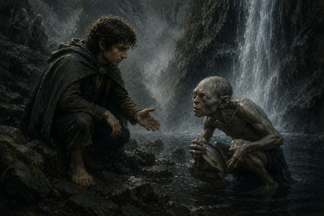 Frodo persuades a wary Gollum to leave his fish and follow him away from the Forbidden Pool.