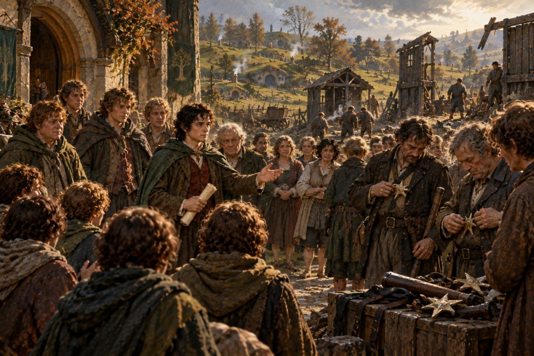 Frodo urging mercy toward defeated ruffians in the aftermath of the Battle of Bywater during the Scouring of the Shire.