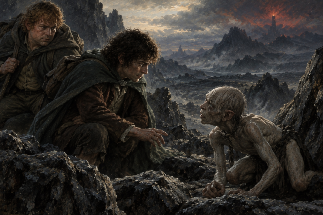 Frodo shows wary compassion toward Gollum while Sam watches suspiciously during the journey toward Mordor.