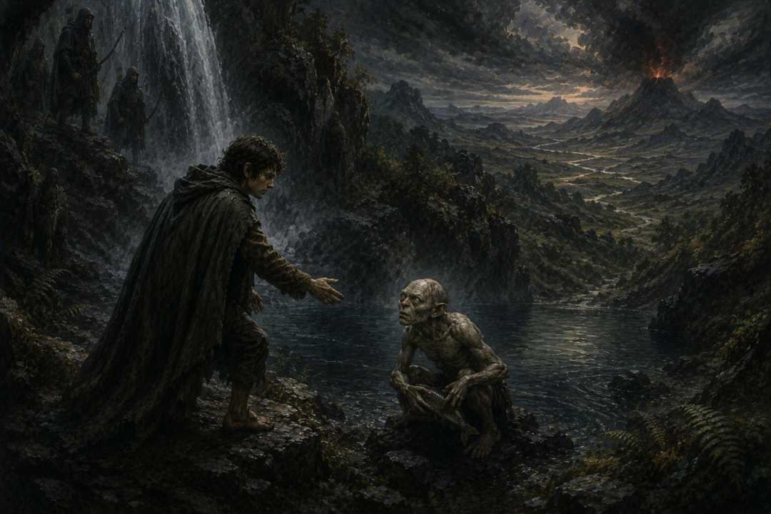 Frodo reaches toward Gollum at the Forbidden Pool in a symbolic scene of mercy, responsibility, and the road to Mordor.