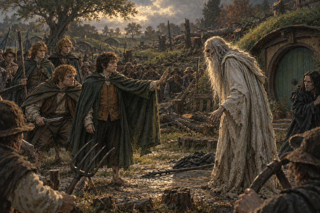 Frodo prevents the hobbits from killing the defeated Saruman during the final confrontation at Bag End.