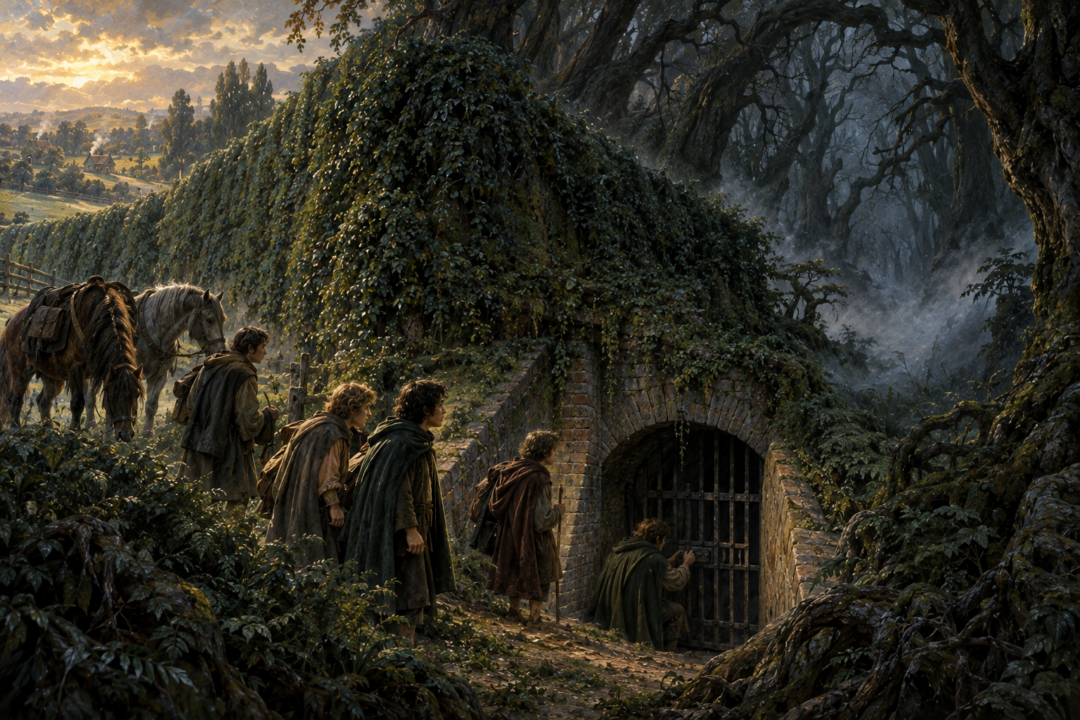Frodo, Merry and their companions entering the brick-lined tunnel beneath Buckland's High Hay