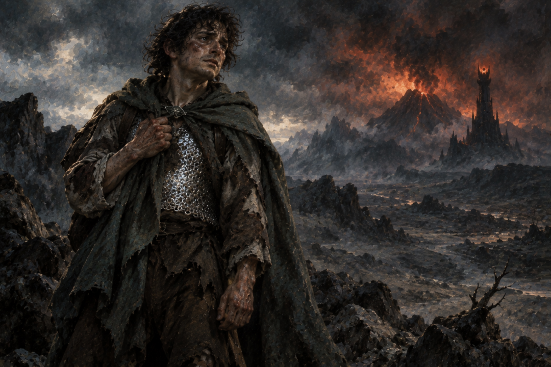 Weary Frodo wearing the enduring mithril coat as a symbol of physical protection and human vulnerability