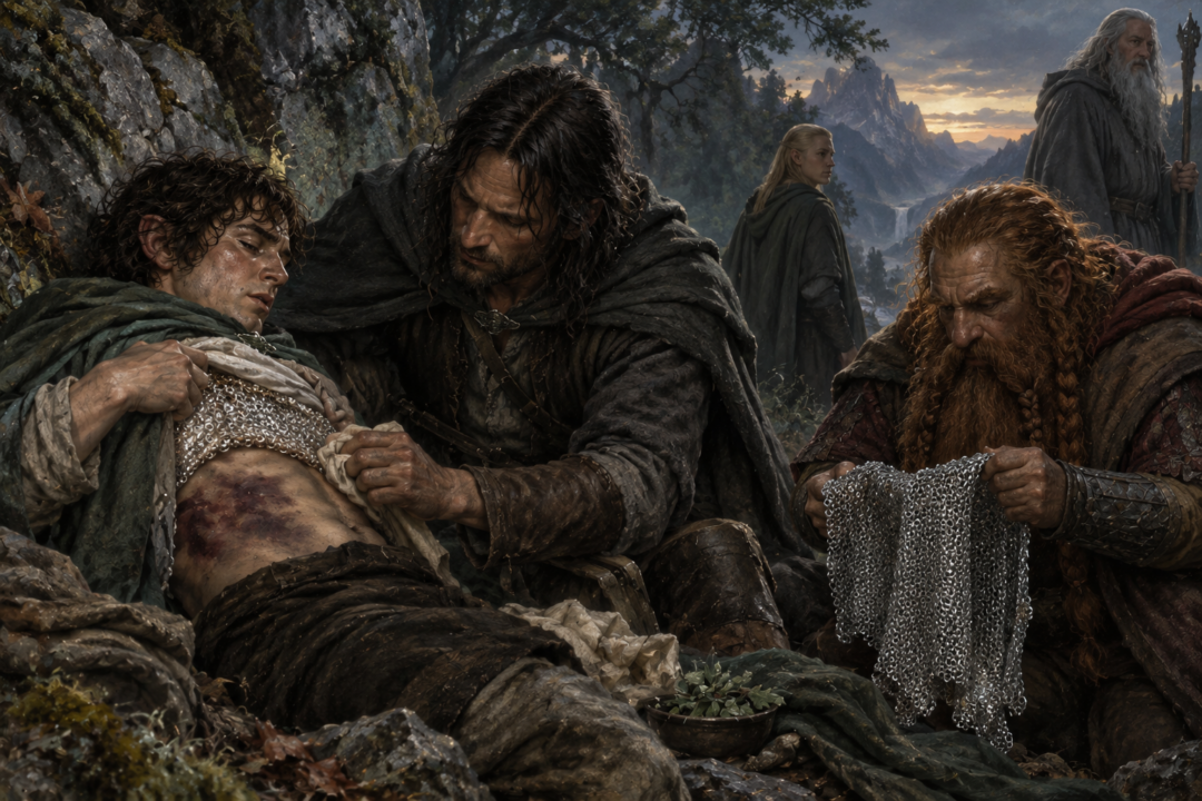 Frodo revealing his mithril coat and severe bruising while Aragorn tends his injuries after Moria