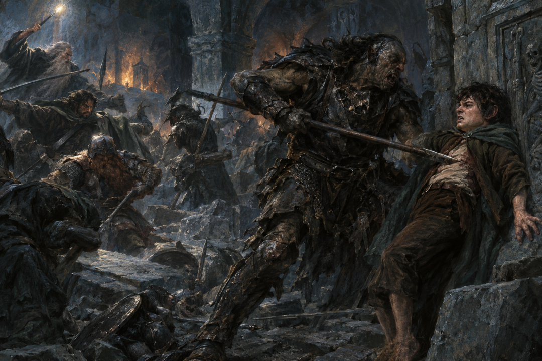 Frodo's mithril coat stopping an Orc-chieftain's spear as he is driven against a stone wall in Moria