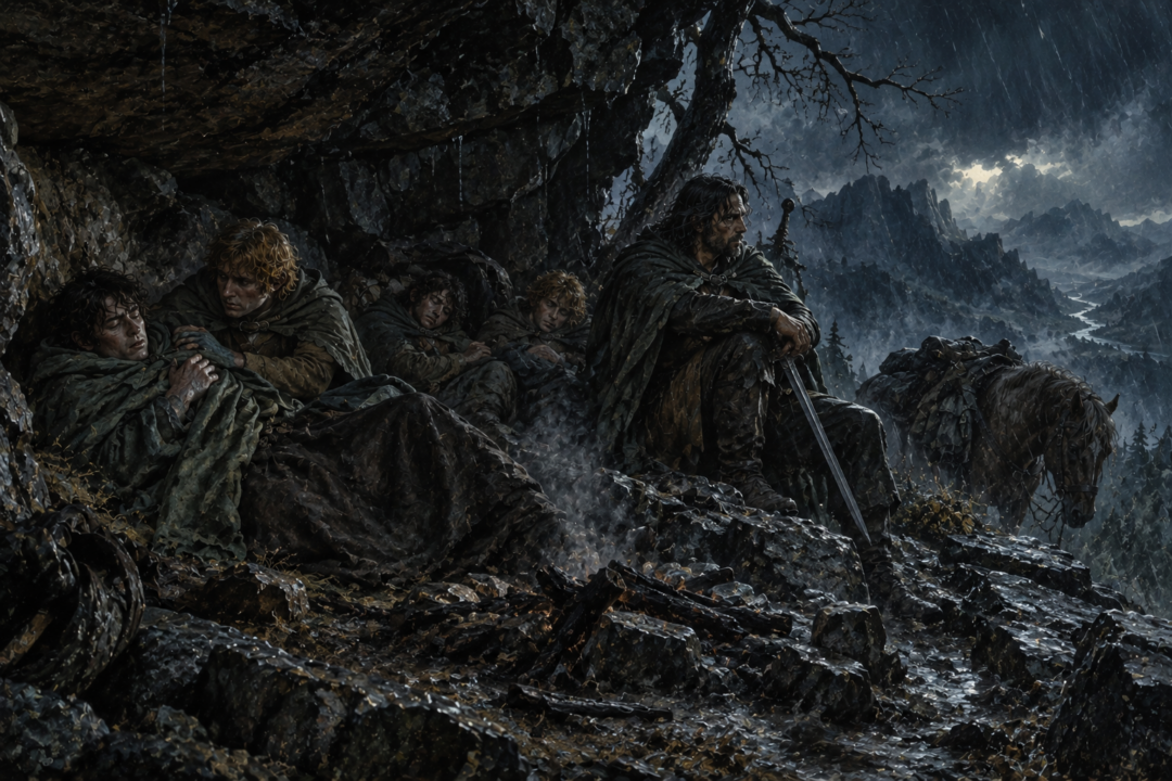 Frodo lies wounded in a cold rainy camp while Aragorn keeps watch during the desperate journey from Weathertop.