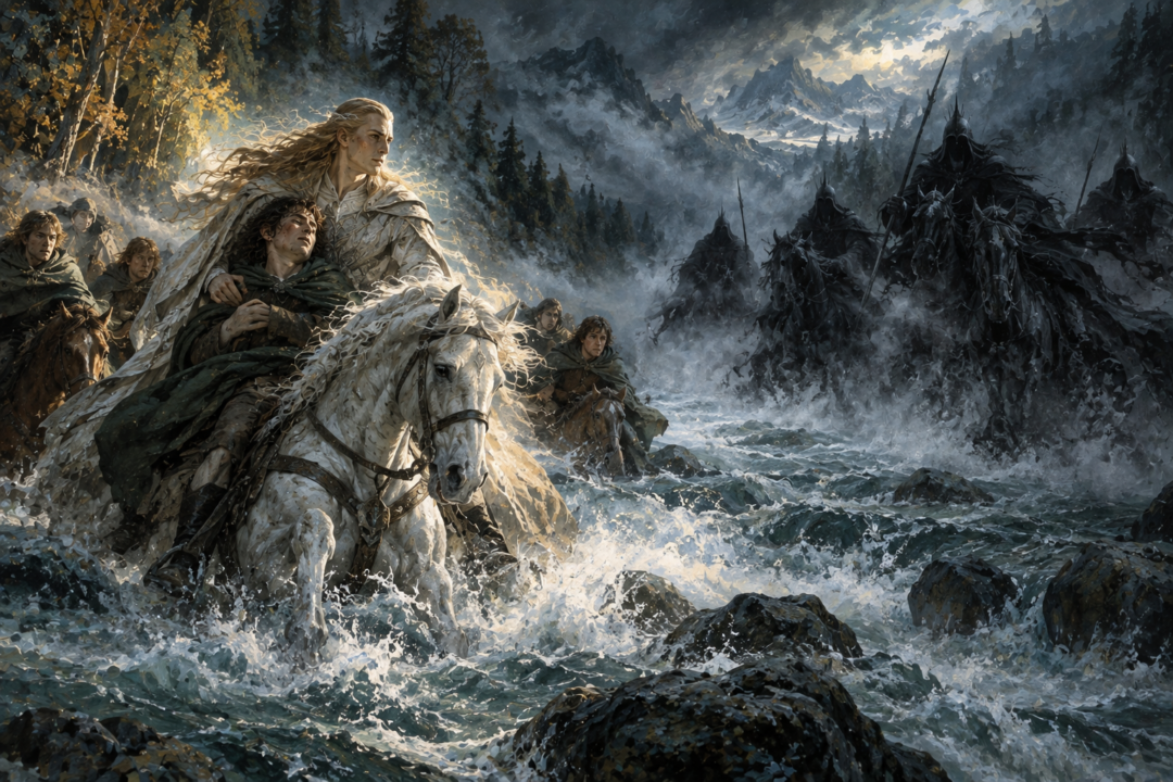 Wounded Frodo approaching the Ford of Bruinen while beginning to perceive the Unseen world