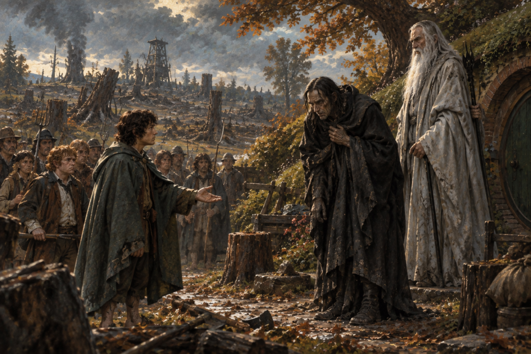 Frodo offers Gríma Wormtongue mercy and freedom from Saruman outside Bag End in the damaged Shire.