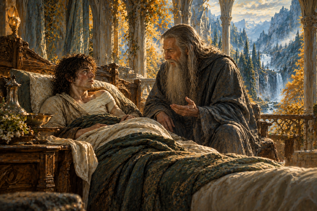 Frodo recovering in Rivendell after Elrond removes the hidden Morgul-knife fragment
