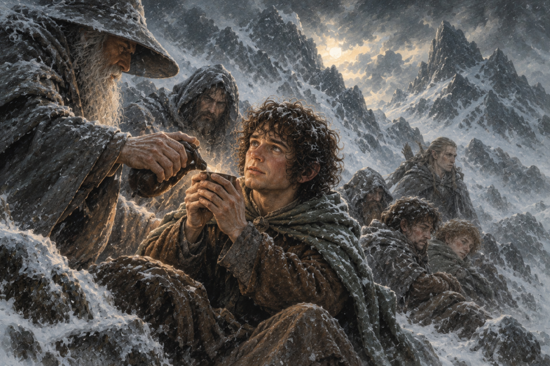 Frodo regains strength and alertness after drinking miruvor while the storm continues on Caradhras.