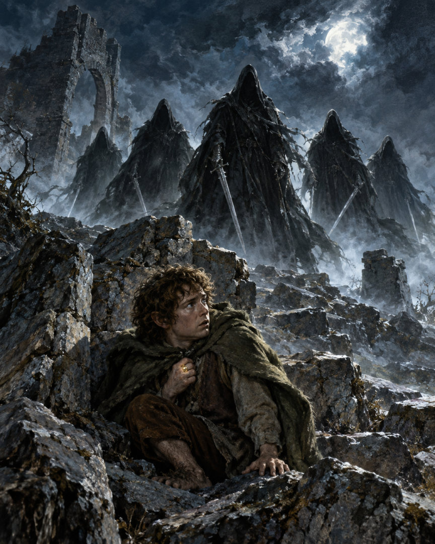 Frodo crouches among the ruins of Weathertop as five Ringwraiths approach through the moonlit mist.