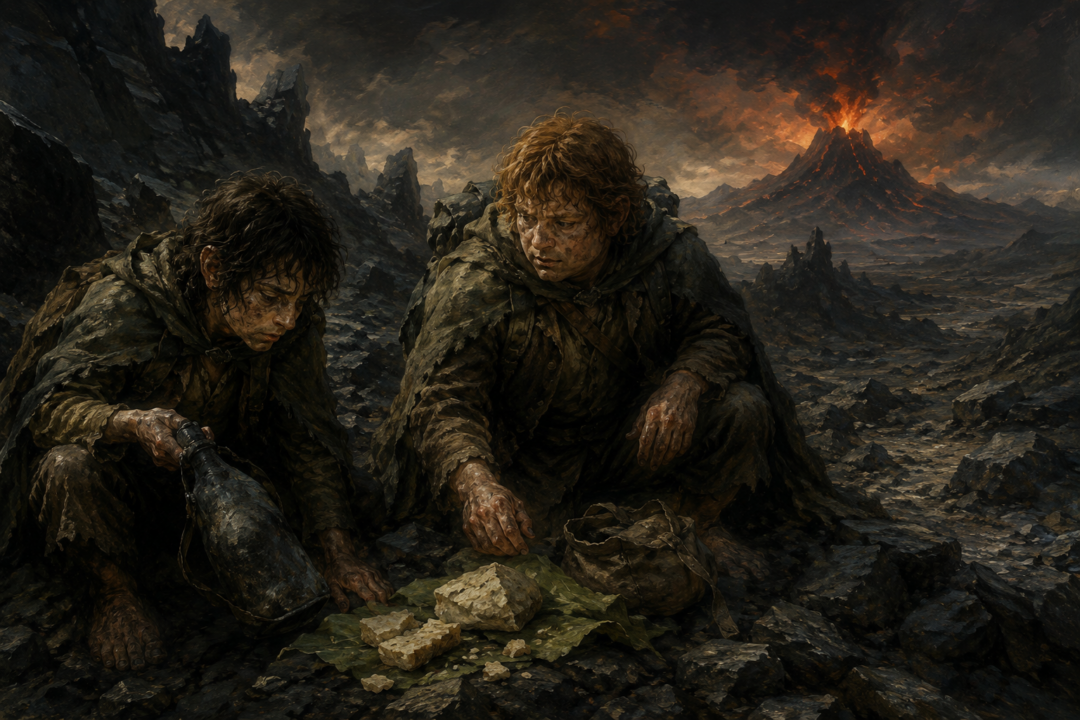 Frodo and Sam examine their remaining lembas and a damaged water-bottle after escaping Cirith Ungol.