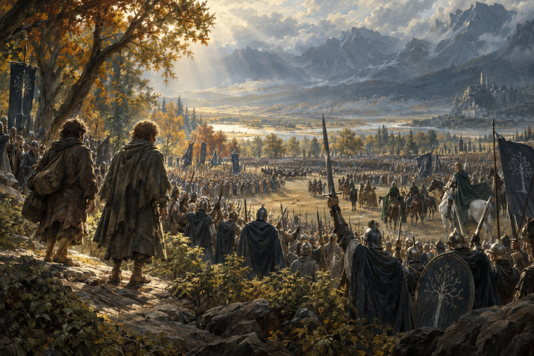 Frodo and Sam in their worn travelling clothes approaching the assembled Host of the West on the Field of Cormallen
