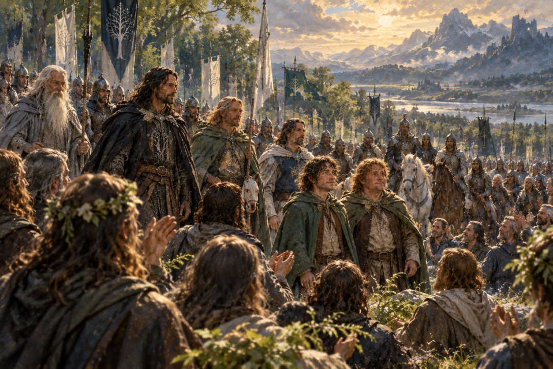 Frodo and Sam honored on the Field of Cormallen as Aragorn and the Captains look on