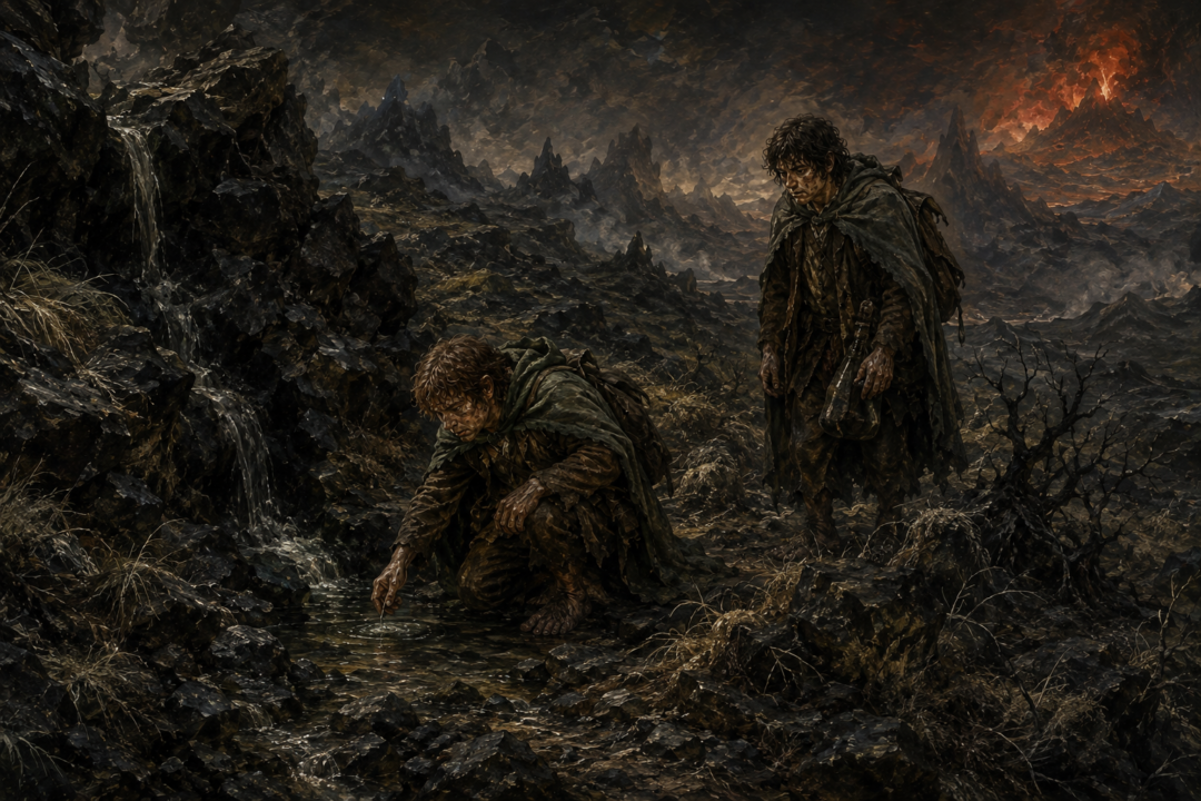 Frodo and Sam discover a tiny stream among the black rocks and thorny vegetation of Mordor.