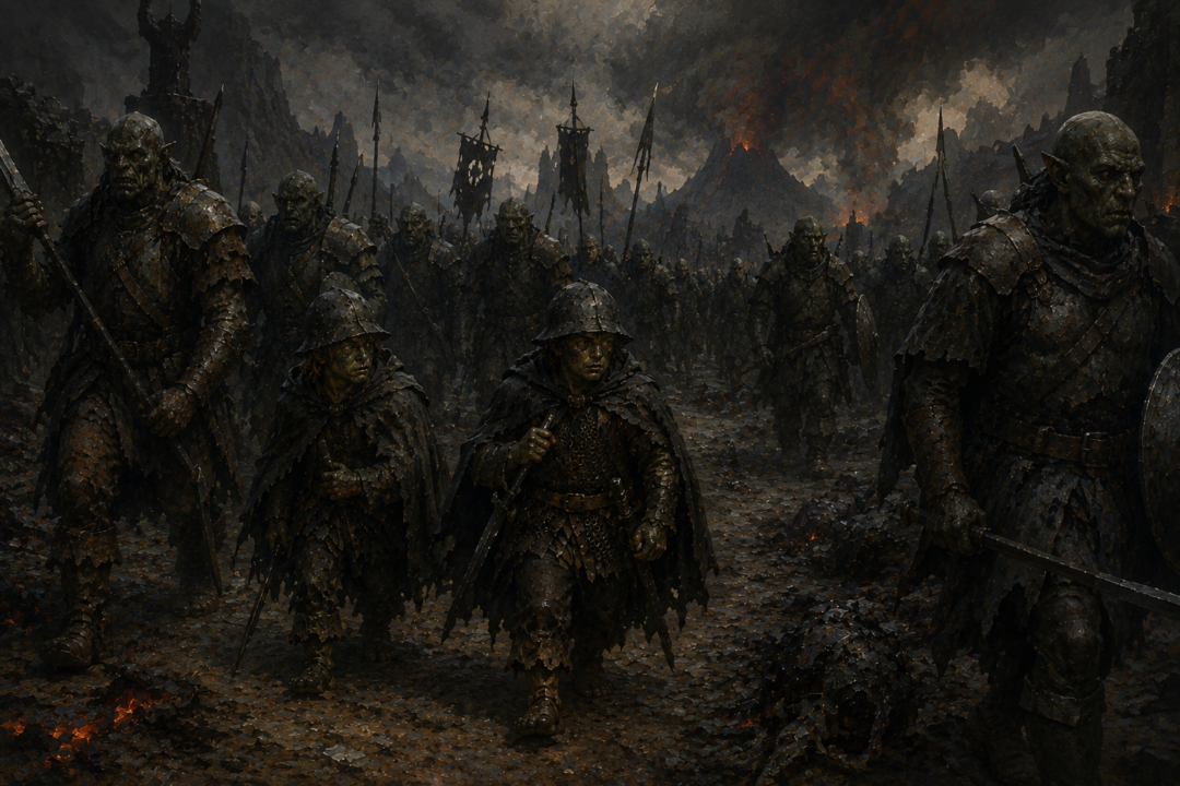 Frodo and Sam struggle among a marching Orc company after their enemy disguises cause them to be mistaken for soldiers.