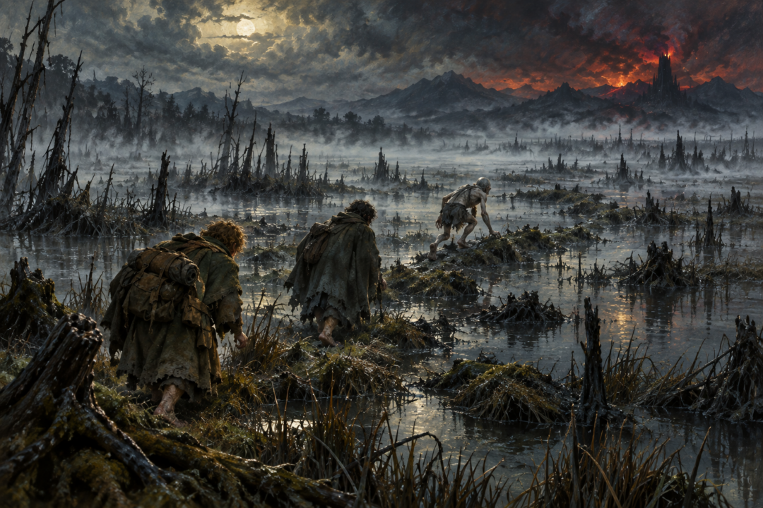 Frodo and Sam carefully following Gollum through the treacherous pools and muddy hummocks of the Dead Marshes