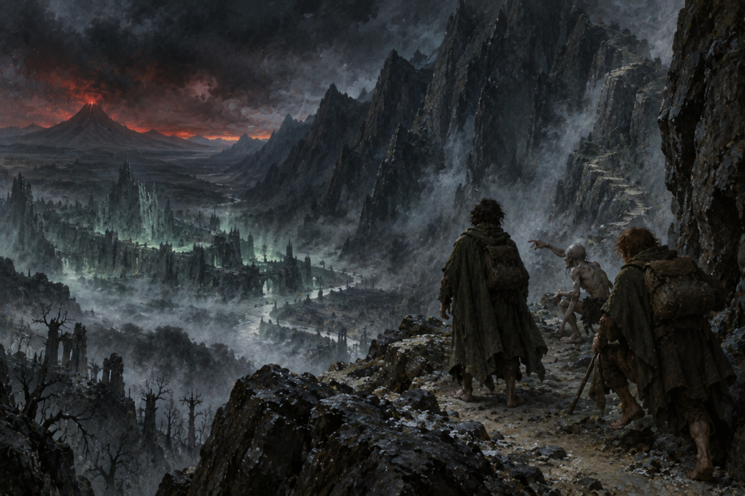 Frodo, Sam, and Gollum approach the Morgul Vale and the dangerous ascent toward Cirith Ungol.