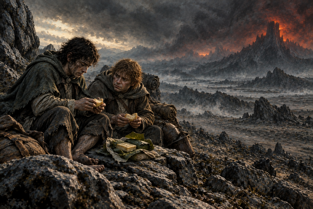 Frodo and Sam carefully rationing their remaining lembas among the barren rocks on the road toward Mordor.