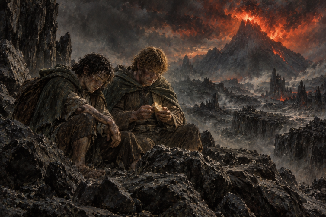 Exhausted Frodo and Sam share precious lembas in the barren lands beneath Mount Doom.