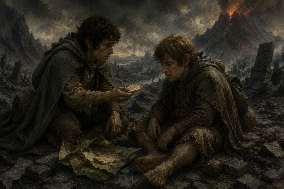 Exhausted Frodo and Sam sharing their remaining lembas in the desolation of Mordor