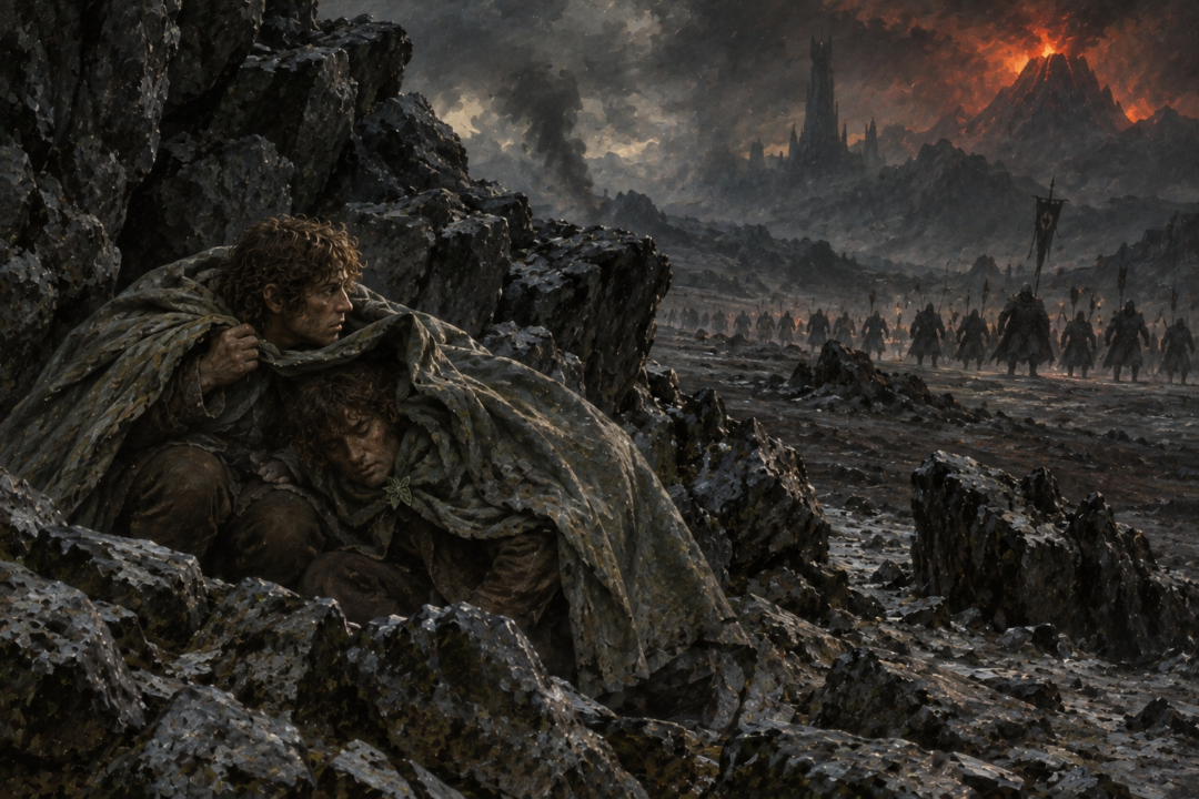 Sam covers Frodo and himself with a grey Lórien cloak among the dark rocks of Mordor.
