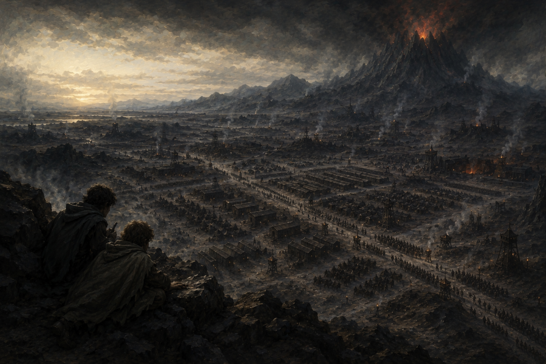 Frodo and Sam overlooking vast army camps and roads across the barren northern lands of Mordor.