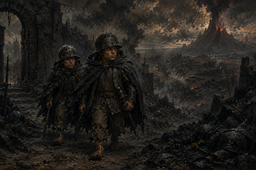 Frodo and Sam leave Cirith Ungol wearing improvised and ill-fitting Orc clothing to disguise themselves in Mordor.