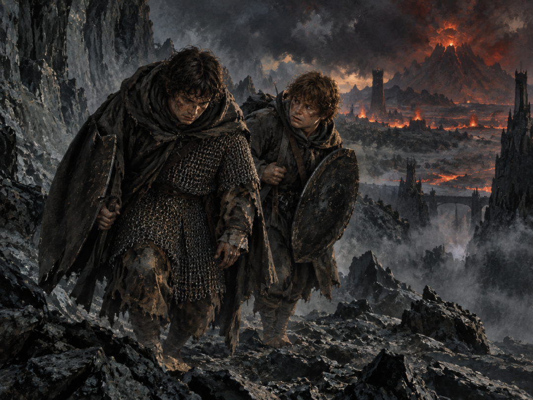 Frodo and Sam wear heavy Orc gear as a temporary disguise after escaping Cirith Ungol.