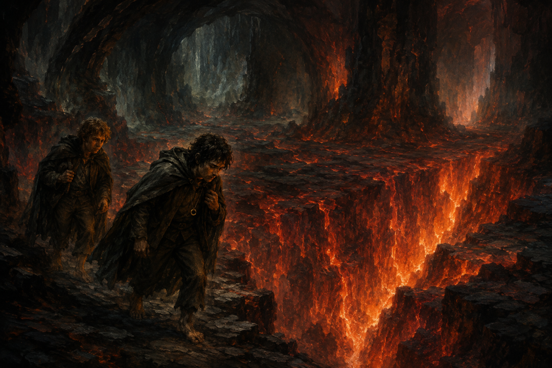Frodo and Sam enter the Sammath Naur as the fiery Crack of Doom opens before them inside Mount Doom.