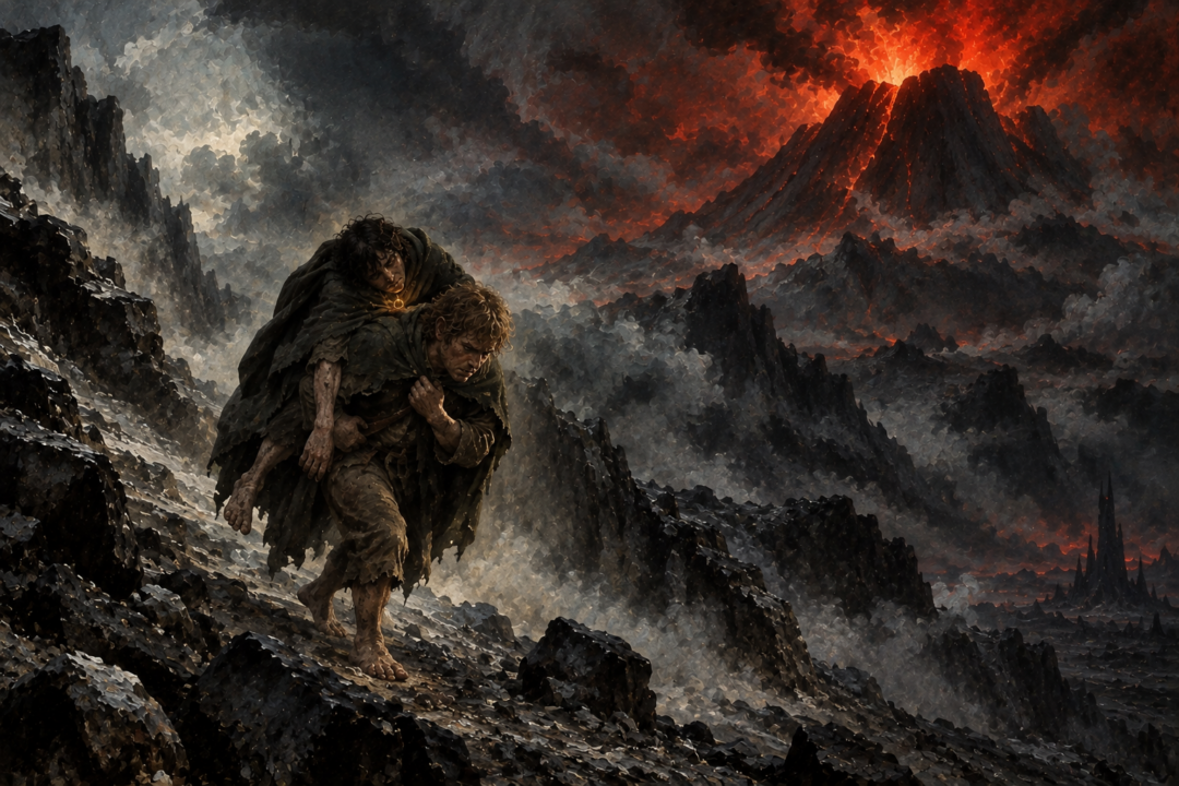 Frodo and Sam approach the Sammath Naur on Mount Doom after their exhausting journey through Mordor.